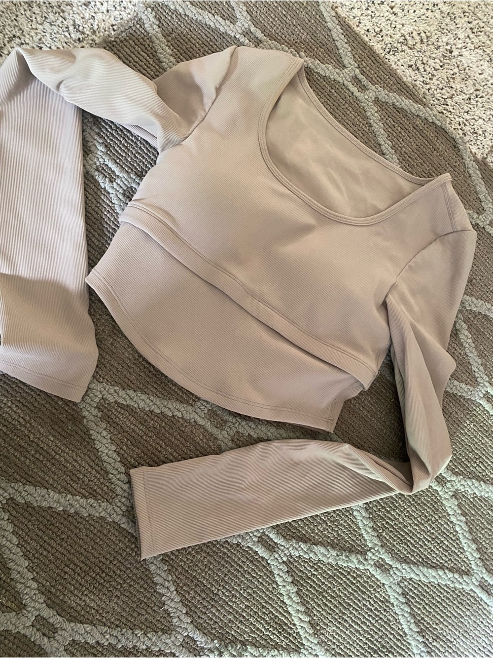 Long-Sleeve Scoop Neck Cropped Top in Light Taupe
